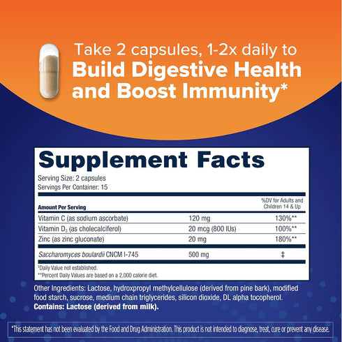Florastor Select Immunity Boost Daily Probiotic & Immune Support Supplement for Women and Men, Saccharomyces Boulardii CNCM I-745 Plus Zinc, Vitam...