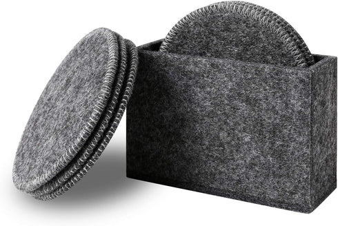 Drink Coasters Set of 6 with Holder - Dark Gray Round Water Absorption Felt Mat, Prevent Furniture from Dirty and Scratched, Suitable for Kinds of...