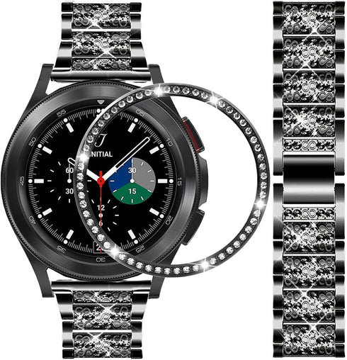Bands Compatible with Samsung Galaxy Watch 4 Classic (46mm), 20mm Luxury Rhinestone Diamond Metal Steel Bracelet with Watch Face Bezel Ring Case C...