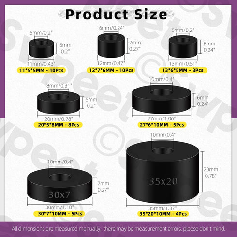 Swpeet 50Pcs 7 Sizes Round Rubber Spacer Assortment Kit, 5/6/8/10mm Anti Vibration Black Rubber Washers Kit, Neoprene Spacer Multi Purpose Thick R...