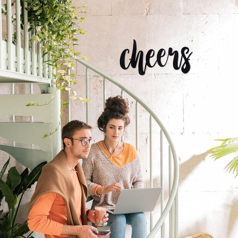 Pangda Cheers Sign for Home Bar Cheers Wall Decor Metal Sign for Home Office Living Room Decoration, Black, 13.78 x 5.91 Inch...