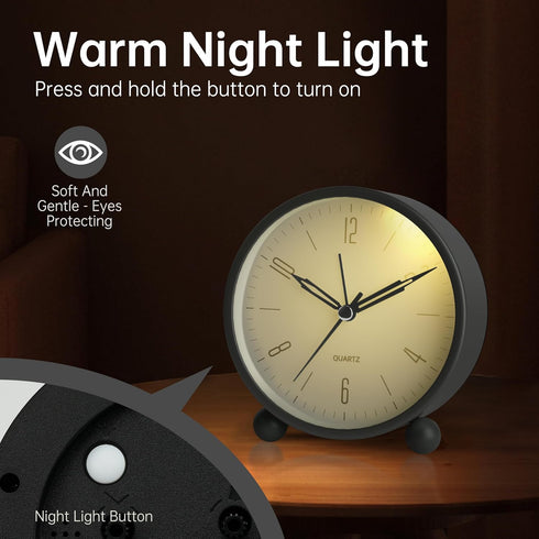 Analog Alarm Clock, 4 inch Super Silent Non Ticking Small Clock with Night Light, Battery Operated, Simple Design, Old Fashioned Style Black Decor...
