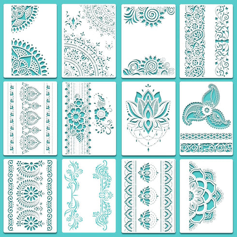 12 Pieces Large Mandala Stencil Reusable Mandala Painting Templates 8.3 x 11.7 Inch Floral Design Drawing Craft Stencil for DIY Wall, Tile, Furnit...