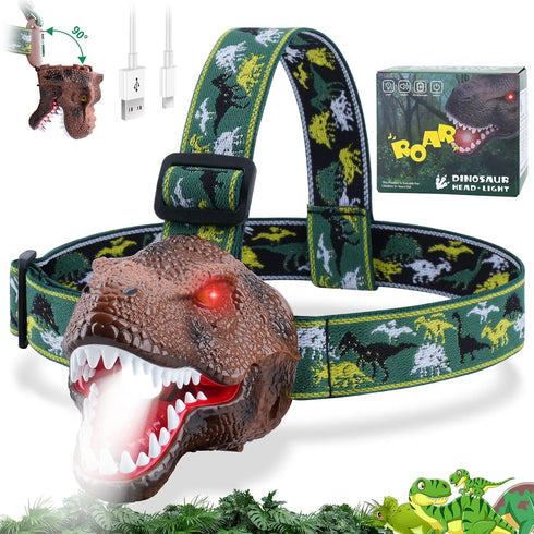 Dinosaur Headlamp for Kids Flashlight Rechargeable Led Headlights Roar & Silent Mode, T-Rex Dinosaur Toys, Camping Gear, Gifts for Boys Girls Adul...