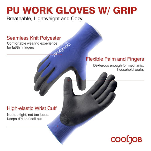 COOLJOB 12/60 Pairs Bulk Safety Work Gloves with Grip, 13 Gauge Ultra-lite PU Dipped Gloves Pack for Gardening, Warehouse Work, Polyurethane Breat...