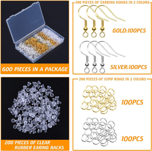 Thrilez Hypoallergenic Earring Hooks, 600Pcs Earring Making Kit with Hypoallergenic Earring Hooks, Jump Rings and Clear Rubber Earring Backs for D...