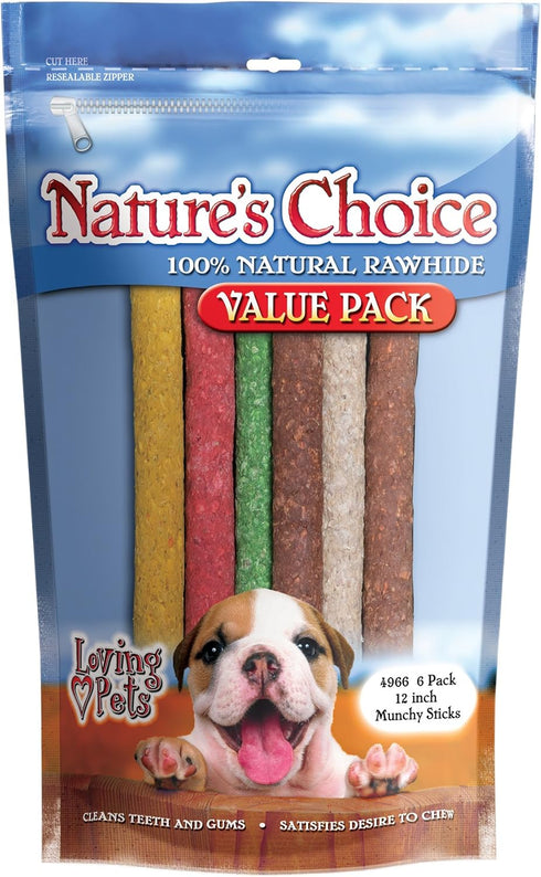 Loving Pets Nature's Choice 100% Natural Rawhide Munchy Sticks Value Pack, Dog Treat, 12" (Assorted Colors)...