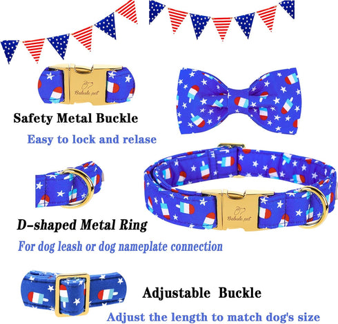 Dog Collar Bow Tie Blue Popsicle Star Dog Collar Girls with Safety Metal Buckle Adjustable Puppy Collars for Small Medium Large Dog (M)...