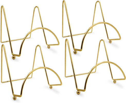 BANBERRY DESIGNS Brass Wire Easel Display Stand Plate Holders - Smooth Metal Footed - 3 Inch - Set of 4 Pcs - Ideal for Small Books, Pictures, Car...