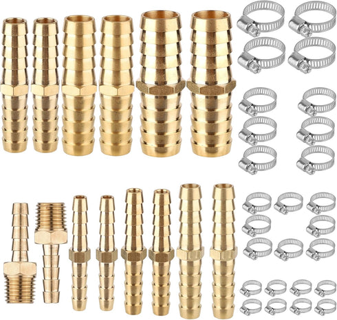 14pcs Brass Hose Barbed Fittings, 3/16" 1/4" 5/16" 3/8" 1/2" 5/8" 1/4" with 26pcs Stainless Steel Hose Clamps, Hose Barb Splicer Mender Connector ...