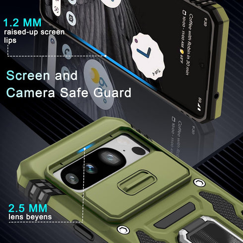 DEERLAMN for Google Pixel 8 Pro Case with Slide Camera Cover+Screen Protector (1 Pack), Rotated Ring Kickstand Military Grade Shockproof Heavy Dut...