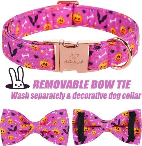 Halloween Boy Dog Collar Bow Tie, Thick Purple Pumpkin Male Dog Collar with Safety Metal Buckle Adjustable Wide Big Collars for Small Medium Large...