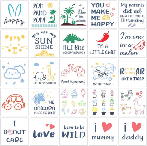 25 Pack Stencils for Baby Shower?Mixed Animals Pattern Painting Stencils Baby Shower Onesie Decorating Reusable Templates for Painting on Fabric B...