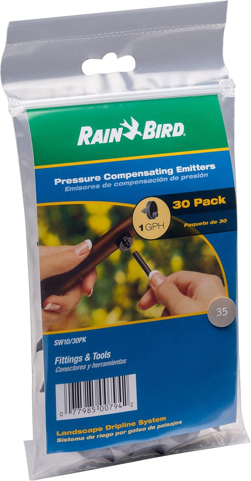 Rain Bird SW10-30PS Drip Irrigation Spot Watering Dripper/Emitter, 1 Gallon Per Hour, 30-Pack...