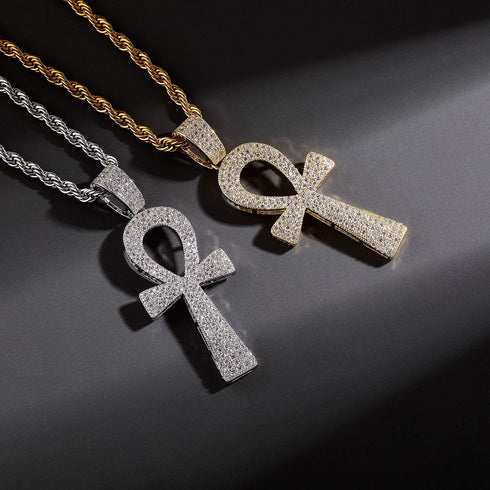 TOPGRILLZ Ankh Cross Necklace for Women Gold Cross Necklace for Men Rope Pendant Necklace Iced out 14K Gold Plated 24 Stainless Steel Chain Birthd...