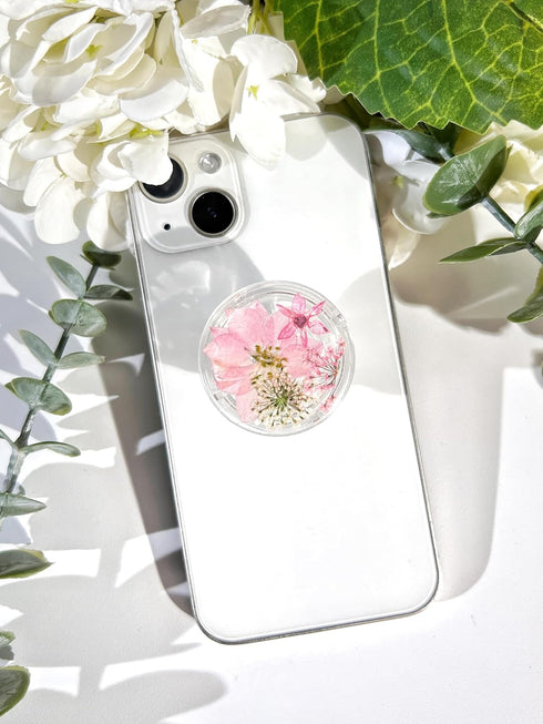 Pressed Pink Flowers Phone Grip,Handmade Dried Flowers Clear Phone Stand, Expanding Cell Phone Charms Accessory, Interchangeable Kickstand, Collap...