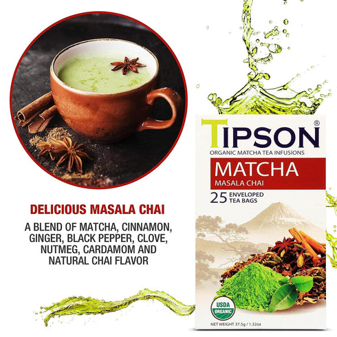 Tipson Organic Matcha Green Tea - Masala Chai Flavor - 25 Foil Enveloped Double Chambered Bags - Keto/Paleo...