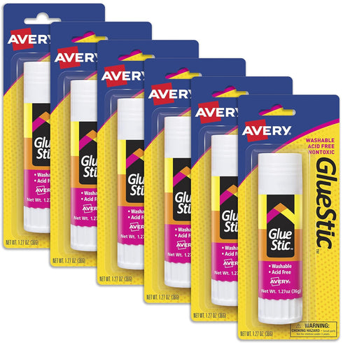 Avery Glue Stick White, Washable, Permanent, 1 Per Pack, 6 Packs, 6 Glue Sticks Total (00191)...