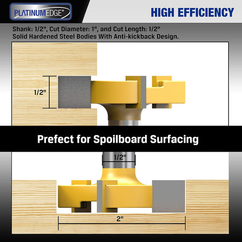 PLATINUMEDGE CNC Spoilboard Surfacing Router Bit, Slab Flattening Route Bit, 1/2 inch Shank 2 inch Cutting Diameter, 3 Carbide Cutting Wings, Rout...