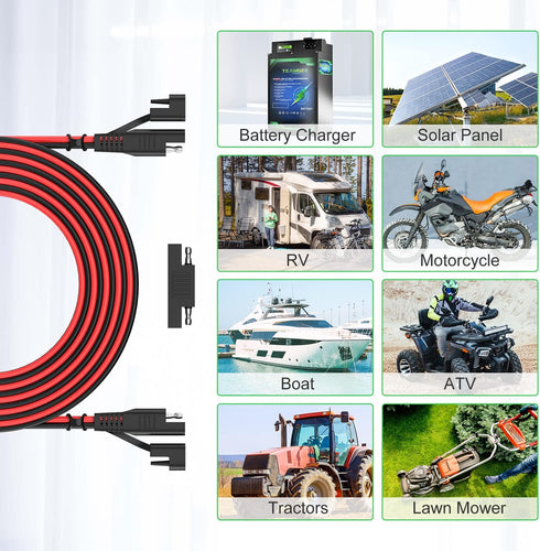 SAE to SAE Cable 10FT 16AWG, Bateria Power SAE Extension Cable Battery Charger Extension Cord, Quick Disconnect Connector Solar Panel Extension Wi...