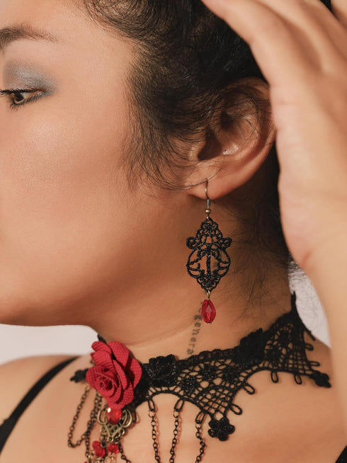 Sacina Set Red Flower Choker Earrings, Black Velvet Victorian Choker Necklace, Gothic Choker, Vintage Necklace, Costume Jewelry, Christmas Jewlery...