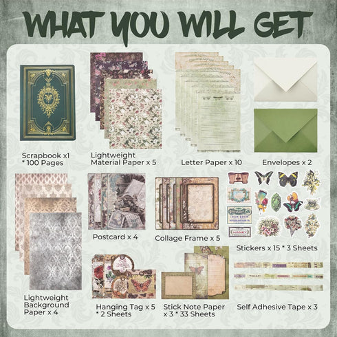 Funto Scrapbooking Kit (185 PCS), Medieval Chapter - Green Forest, Ideal Gift Box Packaging, Perfect for Bullet Scrapbooking Materials, Planner DI...