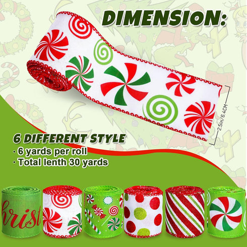 Whaline 6 Rolls Christmas Wired Edge Ribbon Candy Wired Ribbon Peppermint Candy Canes Swirl Craft Ribbon Red Green Glitter Dot Merry Christmas Dec...