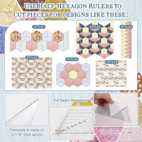 Kigley 8 Pcs Half Hexagon Quilting Rulers Acrylic Quilting Templates for Quilting 1-7 Inch Quilt Template Ruler with 1/4 Inch Seam Allowance Quilt...