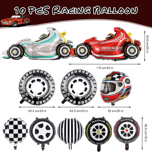 10 PCS Race Car Balloons, Foil Helmet Checkered Balloons and Hot Wheel Tire Balloons, Race Car Party Supplies for Boy Two Fast Birthday Party Cars...