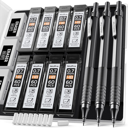 Nicpro 0.7 mm Mechanical Pencil Set with Case, 3 Metal Artist Pencil With 8 Tube HB Lead Refills, 3 Erasers, 9 Eraser Refills For Architect Art Wr...