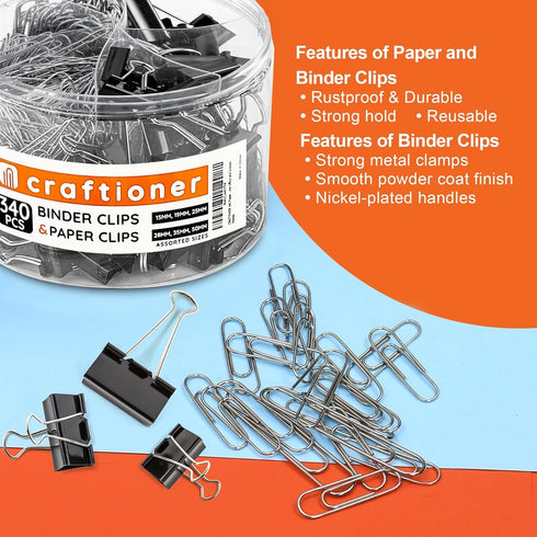 340 Paper Clips and Binder Clips Assorted Sizes Large Medium & Small Paper Clips Nickel Coated Clips- - Office Supplies for Home, Schools and Offi...