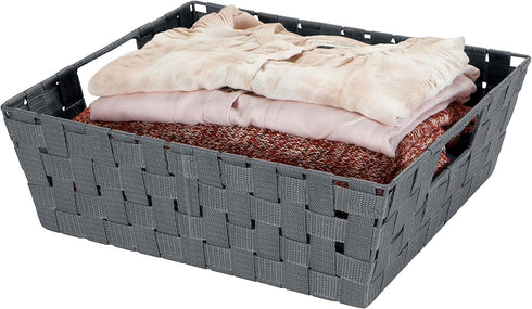 Simplify Large Shelf Woven Strap Tote, Decorative Storage Basket, Built in Handles, Organizing Accessories, Drawers, Desks, Closets, Bathroom, Bed...