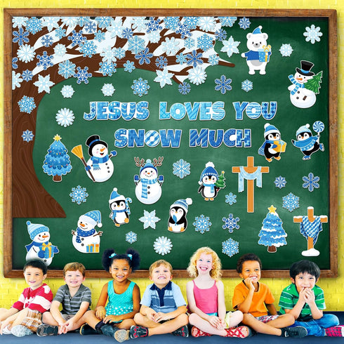 Zonon 114 Pcs Winter Bulletin Board Decorations Christmas Christian Tree Bulletin Board Cutouts Religious Classroom Decoration Snowflake Snowman C...