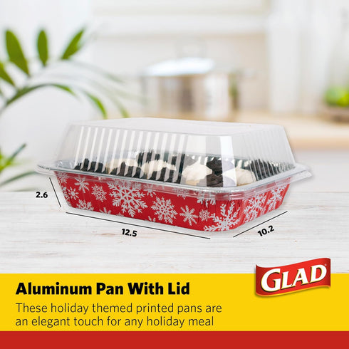 Glad Disposable Aluminum All-Purpose Pans in Red & White Snowflake Holiday Pattern, 2ct with Lids | Printed Durable Foil Steam Pans | 12.5 x 10.2 ...