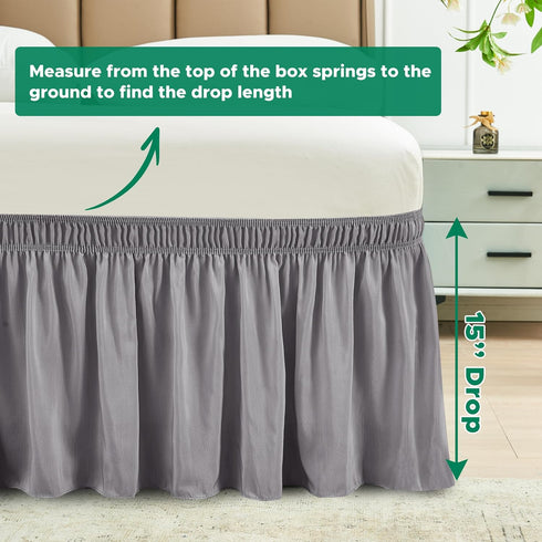 Biscaynebay Wrap Around Bed Skirts for Full & Full XL Beds 15" Drop, Silver Grey Adjustable Elastic Dust Ruffles Easy Fit Wrinkle & Fade Resistant...