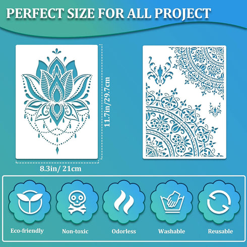 12 Pieces Large Mandala Stencil Reusable Mandala Painting Templates 8.3 x 11.7 Inch Floral Design Drawing Craft Stencil for DIY Wall, Tile, Furnit...