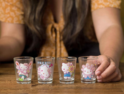 Silver Buffalo Sanrio Hello Kitty Spring Garden Flowers 4 Pack Mini Glass Set, 1.5 Ounces...
