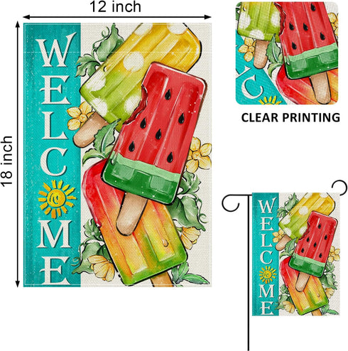 Welcome Summer Watermelon Popsicles Decorative Garden Flag, Sun Yellow Flower Yard Outside Decorations, Seasonal Burlap Outdoor Small Home Decor D...