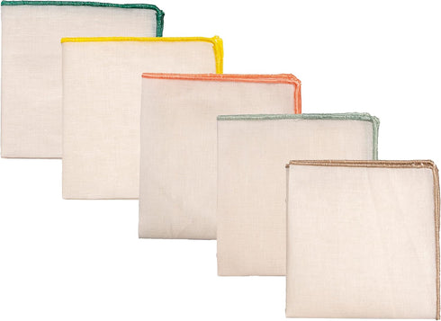 Men's Linen Pocket Square Solid White with Embroidered Edge Premium Cotton Pocket squares (Dark green, Yellow, Orange, Light brown, Tea green)...