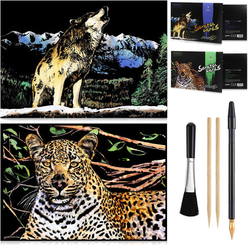 2 Pack Animal Scratch Art Rainbow Painting Paper, Engraving Art & Craft Sets, Creative foil Scratch Art Toys Gift, DIY Sketch Card Scratchboard fo...