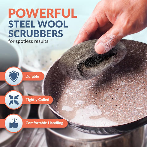 PAMI Steel Wool Scrubbers (Pack of 8)- Steel Wool Cleaning Pads for Dirt, Grease & Grime- Wool Scrubber Sponges for Kitchen & Bathroom- #0 Medium ...
