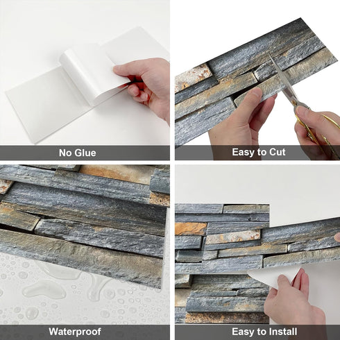 3-Pieces Peel and Stick Backsplash Tiles for Kitchen 4"x 12" PVC Self-Adhesive Subway Matte Faux Stone Wall Panel Brick Stick on Backspalsh for Ba...