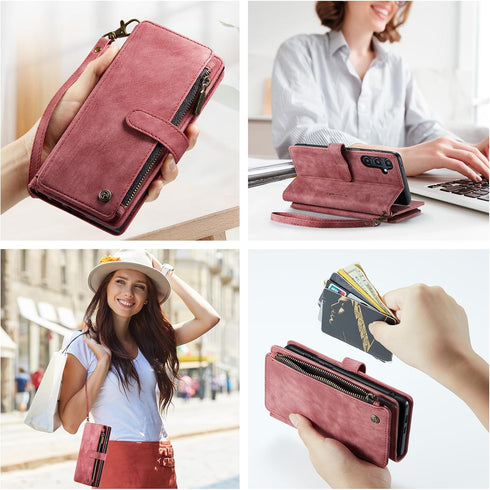 Samsung Galaxy A25 5G Wallet Case with Card Holder Kickstand Magnetic Zipper Pocket Lanyard Strap Wristlet,Leather Flip Case Wallet for Samsung Ga...