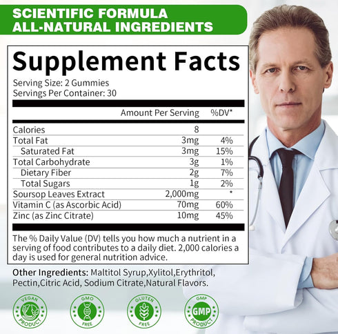 Soursop Graviola Gummies | 2,000mg Soursop Leaves Extract for Energy Boost, Digestive & Immune Support, Antioxidant Properties, Pure Soursop Fruit...