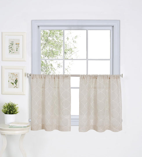 Elrene Home Fashions Taylor Embroidered Rod Pocket Kitchen/Cafe Tier Window Curtain Tiers, Set of 2, 30" x 24", Linen...