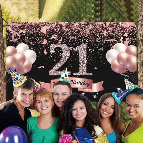 Trgowaul 21st Birthday Decorations for her - Rose Gold Birthday Backdrop 5.9 X 3.6 Fts for Women Happy 21st Banner Photography Background Party Su...