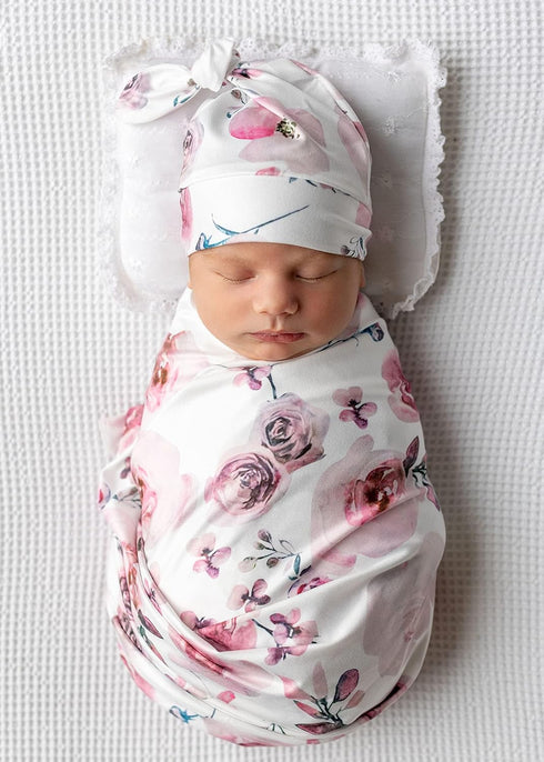 Newborn Receiving Blanket and Headband Set Flower Print Baby Swaddle Wrap Floral (Pink 3)...