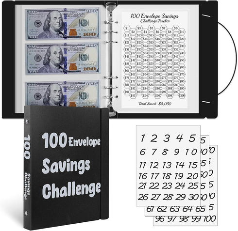 100 Envelopes Money Saving Challenge Binder, A5 Plastic Budget Binder with Cash Envelopes, Savings Binder for Planning and Saving $5050, Black...