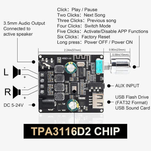 C50HS Bluetooth Amplifier Board TPA3116D2 HiFi Chip 12-24V DC Input,Support USB Sound Card/USB Flash Driver, AUX, Bluetooth Multiple Input Modes (...