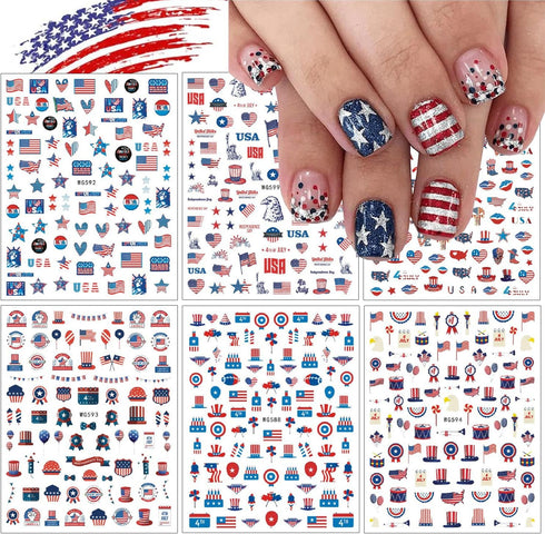 6Sheets Independence Day Nail Art Stickers 4th of July Nail Decals 3D Self Adhesive Nails Art Supplies Classics American Flag Eagle Heart Design S...